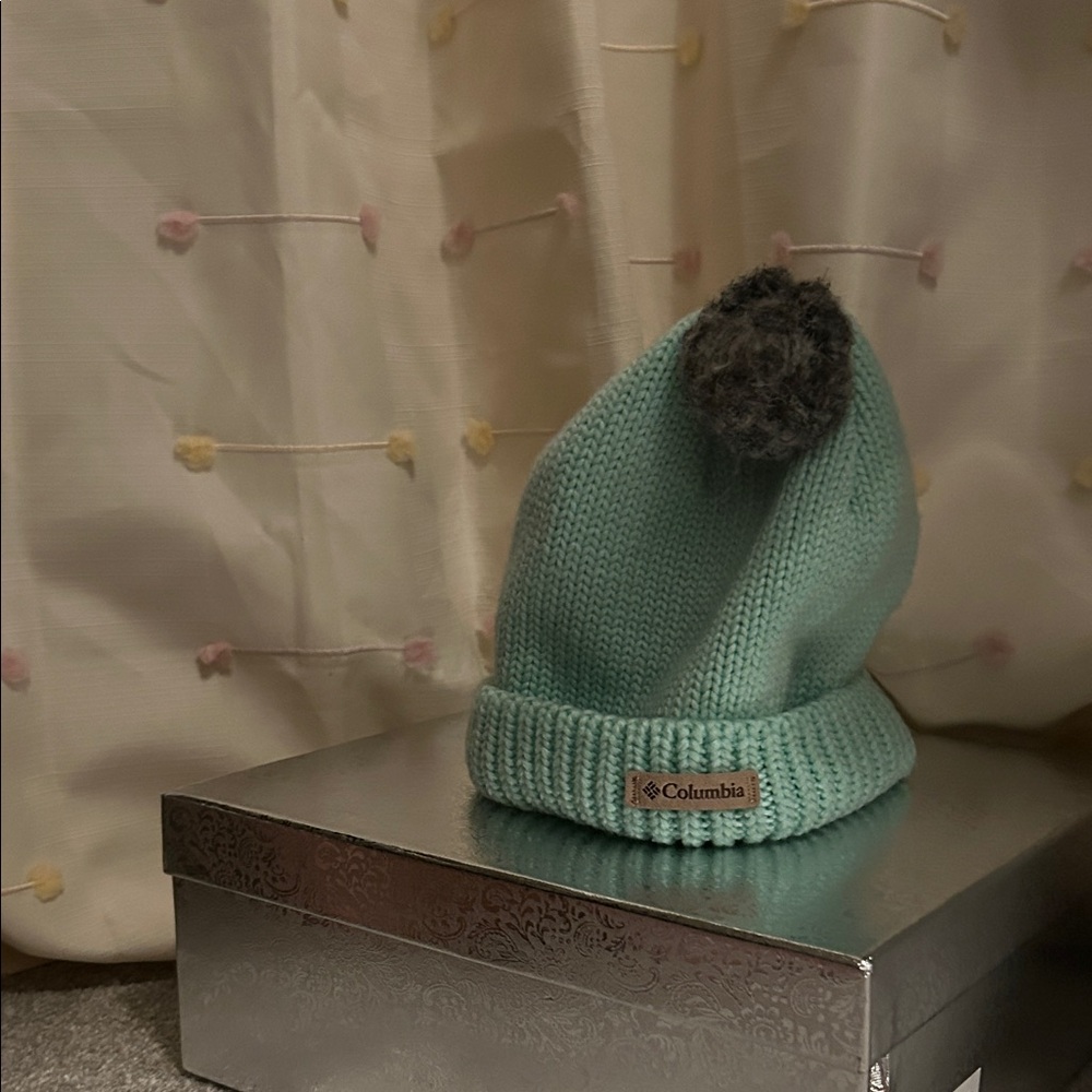 Columbia Kids' Light Blue Beanie with Dark Gray Pom